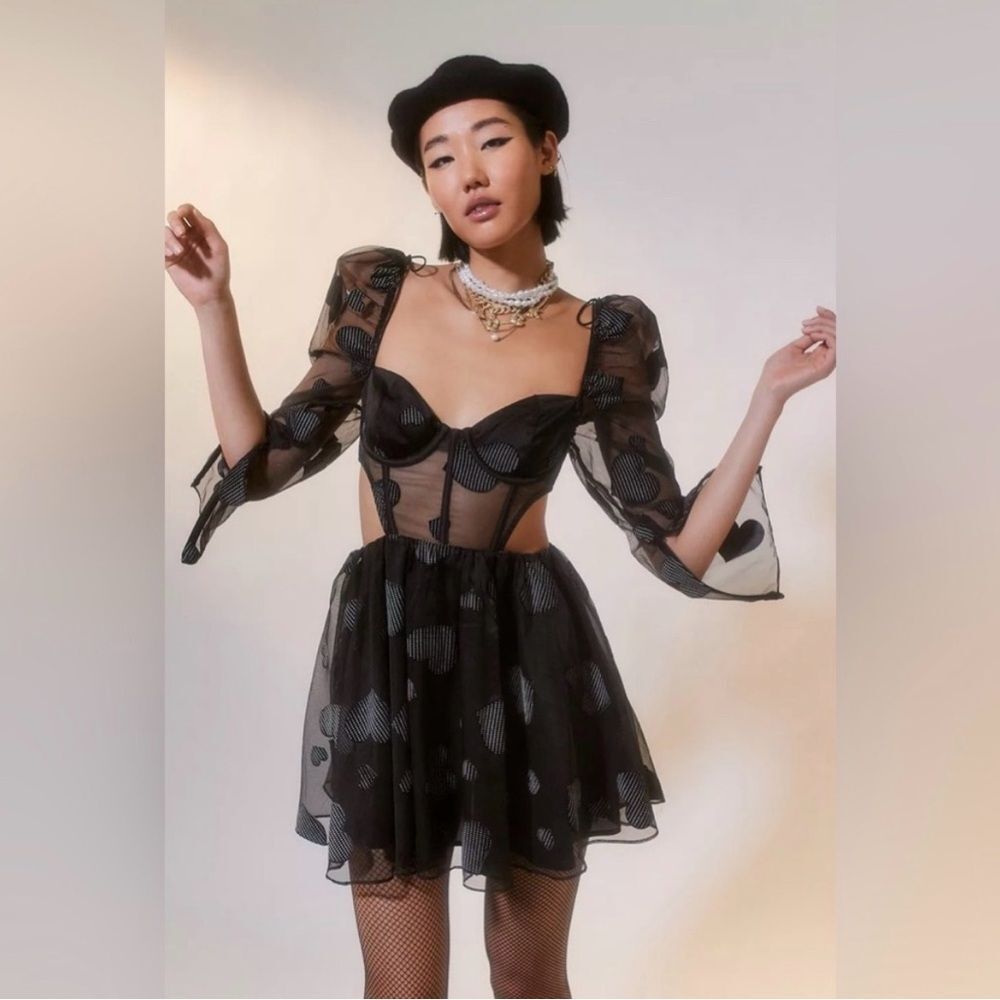 For Love And Lemons Black Sheer Heart-Print Corset Mini Dress